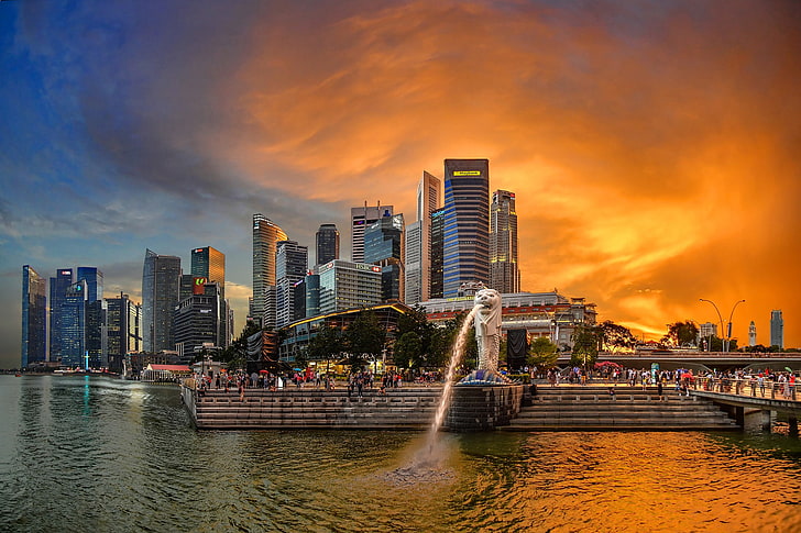 하늘, 다리, 강, 사람들, 집, 저녁, 만, 싱가포르, 불타는듯한 빛깔, 분수, 산책로, 고층 빌딩, 머라이언 공원, HD 배경 화면