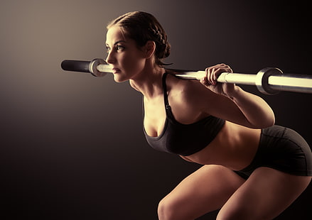 mulher, pose, exercício, aptidão, barra peso, HD papel de parede HD wallpaper