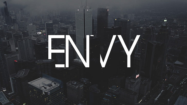 gray concrete building with text overlay, high-rise buildings with grey Envy text overlay, cityscape, skyscraper, New York City, typography, digital art, HD wallpaper