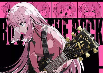 Anime, Anime Girls, BOCCHI THE ROCK!, Gitarre, Gotou Hitori, blaue Augen, rosa Haare, lange Haare, HD-Hintergrundbild HD wallpaper