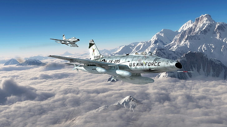 gray U.S. Air Force fighting jets, mountains, graphics, art, North American, Super Sabre, F-100, Edgar Schmued, HD wallpaper