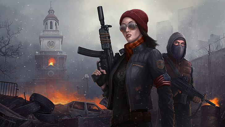 девушка, оружие, огонь, война, башня, маска, очки, автомат, мужчина, Homefront: The Revolution, HD обои