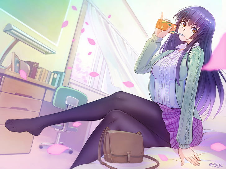 anime, anime girls, long hair, legs, bed, room, juice, sweater, pantyhose, HD wallpaper