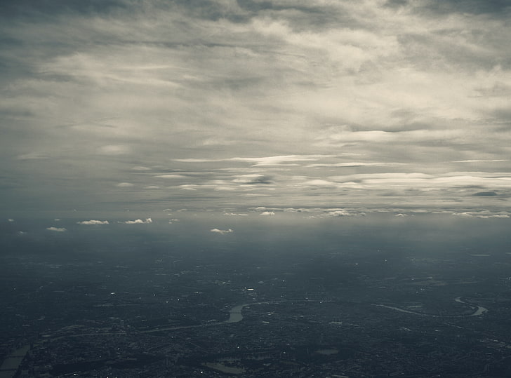 Вид с воздуха на Лондон, кучево-дождевые облака, Европа, Великобритания, Лондон, облака, вид с воздуха, HD обои