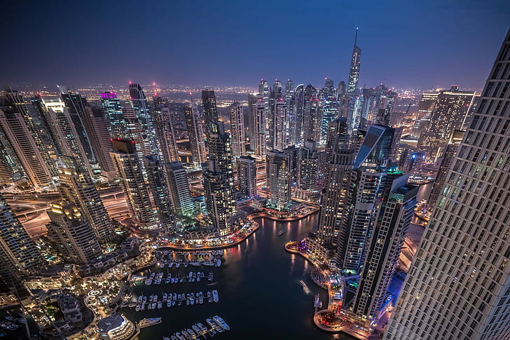 Dubai, città, paesaggio urbano, notte, grattacielo, Sfondo HD