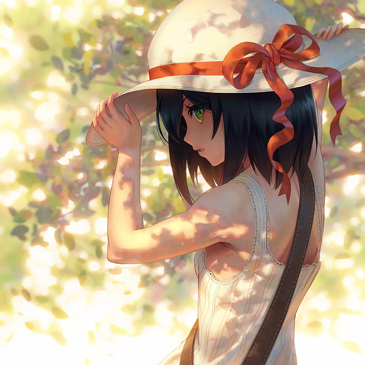 Anime, Anime Girls, kurze Haare, Hut, schwarze Haare, grüne Augen, HD-Hintergrundbild