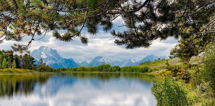 nature, landscape, photography, river, mountains, shrubs, trees, clouds, Grand Teton National Park, Wyoming, HD wallpaper