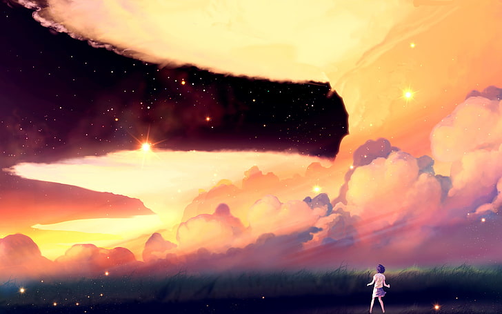 Akio-Bako Girl Sunset Nature, мъж, стоящ под облаци тапет, аниме / анимирани,, анимирани, момиче, аниме, HD тапет