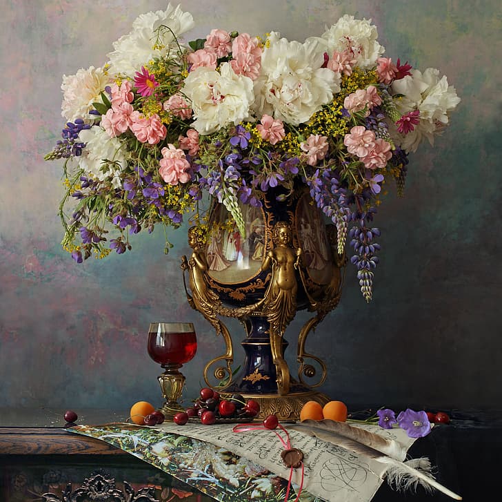 letter, flowers, cherry, style, pen, wine, glass, bouquet, vase, still life, peonies, apricots, Lupin, Andrey Morozov, HD wallpaper