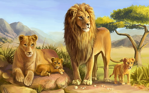 leone, leonessa e due cuccioli di leone in campo dipinto di erba, gatti, leone, artistico, Sfondo HD HD wallpaper