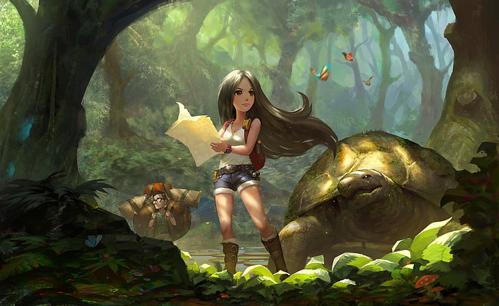black, exploration, forest, girl, hair, long, shorts, turtle, woman, HD wallpaper