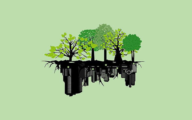 zielone i żółte drzewo liściaste, fantasy art, natura, minimalizm, drzewa, sztuka cyfrowa, Tapety HD