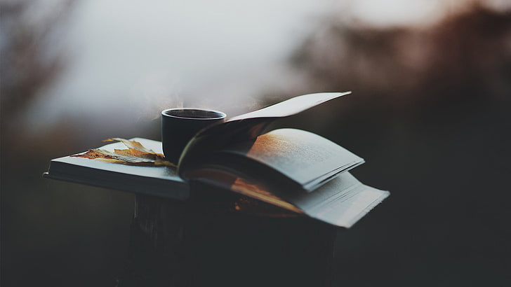 opened bookpage, tea cup on book page, coffee, fall, depth of field, books, leaves, HD wallpaper