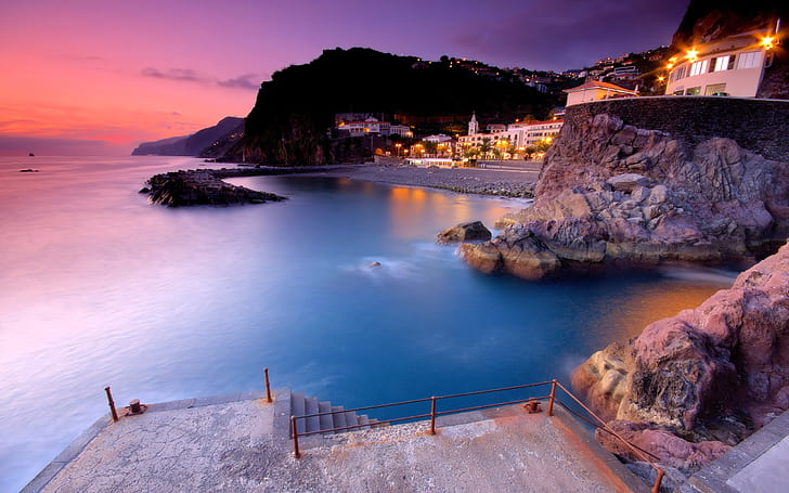 Ponta do Sol, paesaggio, isola di Madeira Portogallo, oceano, luci della città, viola, Sfondo HD
