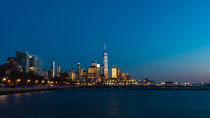 body of water, city, New York City, USA, water, lights, HD wallpaper
