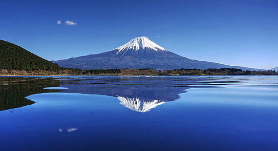 strzał krajobrazowy góry w ciągu dnia, kształt, idealny niebieski, krajobraz, strzał, góra, dzień, czas, Mt. Fuji, jezioro wulkaniczne, woda, odbicie, zniekształcenie, fala, niebieskie jezioro, jezioro Tanuki, Japonia, HDR, RAW, NEX-6, SEL-P1650, Photomatix, jakość, fotografia HDR, plener, góra Fuji, Fujinomiya Shizuoka, prefektura Shizuoka przyroda, jezioro, góra Fuji, wulkan, jezioro Kawaguchi, na dworze, śnieg, prefektura yamanashi, scenics, Tapety HD HD wallpaper