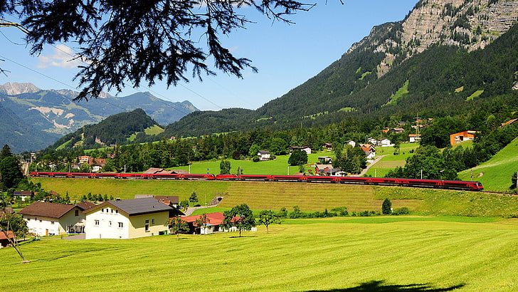 austria, houses, nature, scenery, train, HD wallpaper