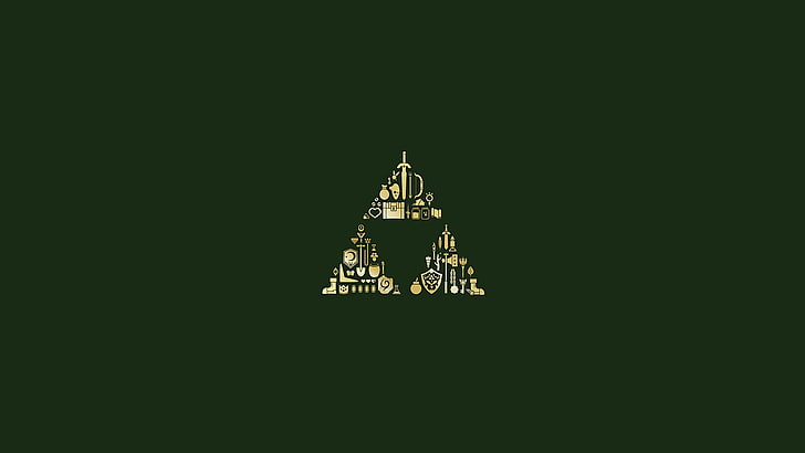 Legend of Zelda Triforce logo, The Legend of Zelda, Triforce, video games, minimalism, simple background, green background, Hylian Shield, HD wallpaper