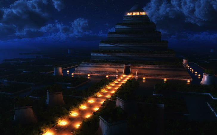 Templo de noche, fantasía, 2560x1600, templo, Fondo de pantalla HD