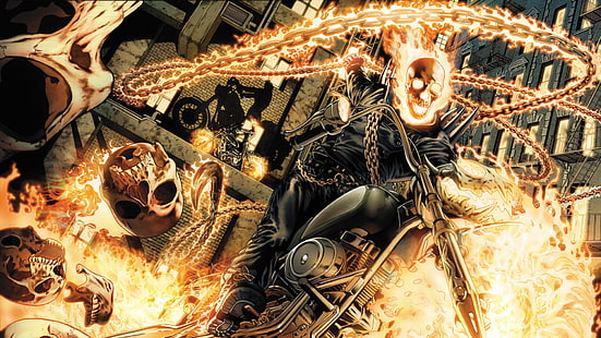 Призрачный гонщик мотоцикла с огненным пламенем и черепом HD, постер призрачного гонщика, мультфильм / комикс, огонь, череп, мотоцикл, призрак, пламя, всадник, цепь, HD обои HD wallpaper