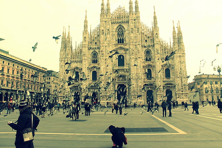 Italy, Milan, Cathedral, Birds, People, HD wallpaper