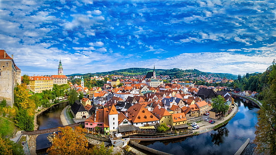 Город Крумлов, Чешская Республика Панорама Пейзаж Hd Обои 2560 × 1440, HD обои HD wallpaper
