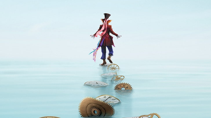 red and blue clown illustration, Alice Through the Looking Glass, Mad Hatter, movies, Film posters, top hats, clocks, clockwork, gears, redhead, men, walking, water, HD wallpaper