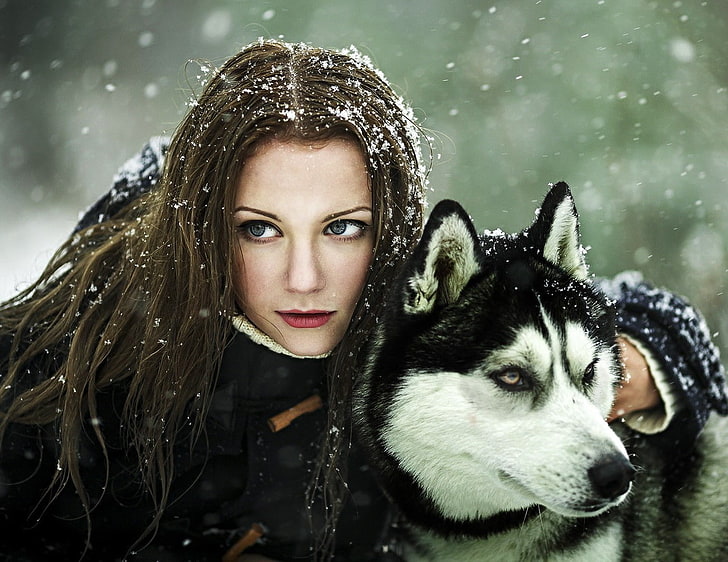 animals, blue eyes, brunette, Red Lipstick, snow, winter, wolf, women, HD wallpaper