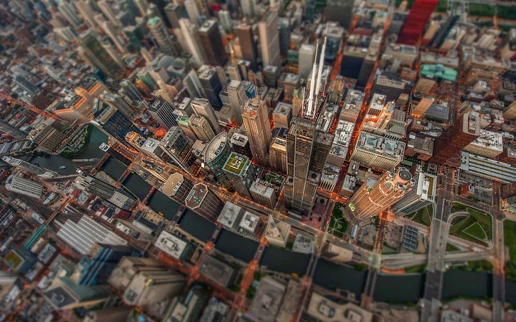 bâtiments en béton de couleurs assorties, photographie aérienne de bâtiments, Chicago, ville, paysage urbain, bâtiment, rivière, gratte-ciel, vue à vol d'oiseau, tilt shift, États-Unis, Fond d'écran HD