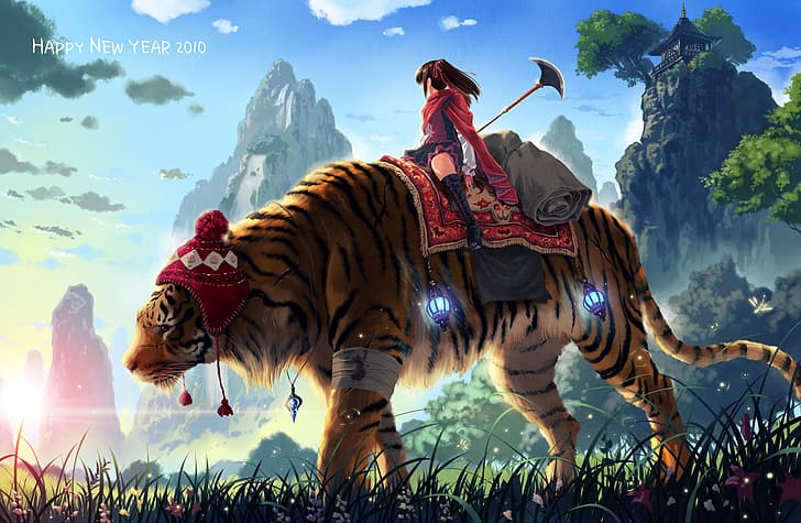 tiger, anime girls, nature, mountains, Chinese architecture, weapon, night lanterns, fireflies, trees, sunset, sunset glow, sunset light, Sunset Skyline, Sunset Shimmer, clouds, grass, field, winter clothing, New Year, wounds, injured, bandage, flowers, HD wallpaper