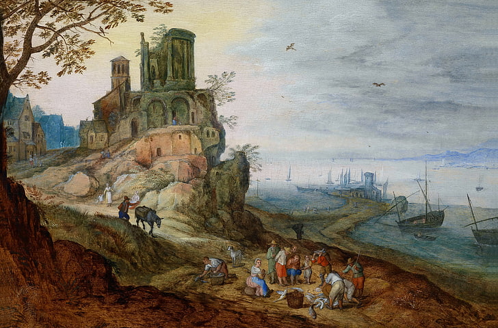 kastil, gambar, Jan Brueghel the young, Port Landscape with Ruins, Wallpaper HD
