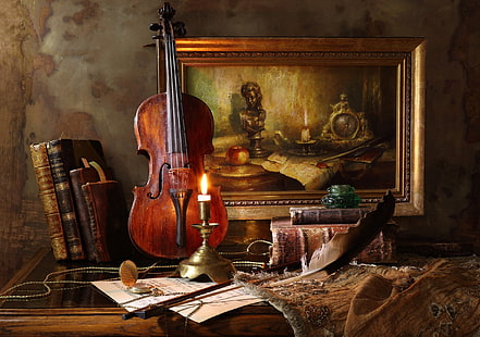 стил, писалка, цигулка, часовник, книги, свещ, картина, натюрморт, HD тапет HD wallpaper