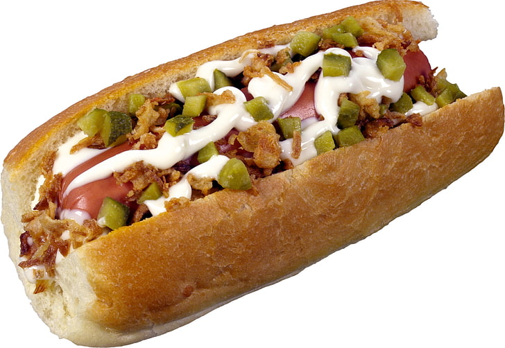 hotdog sandwich with spread, hot dog, sausage, biscuit, gravy, HD wallpaper