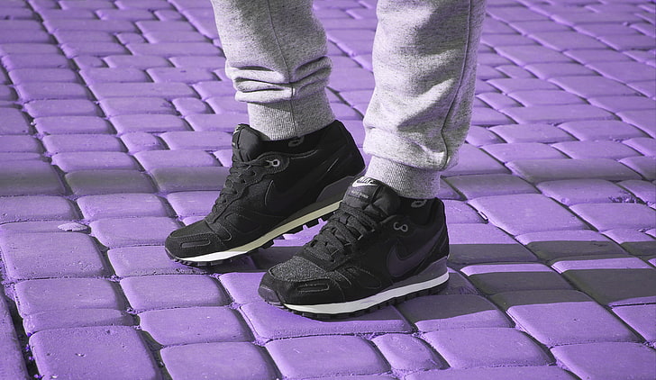 pair of black Nike high-top shoes, sneakers, legs, sport, HD wallpaper