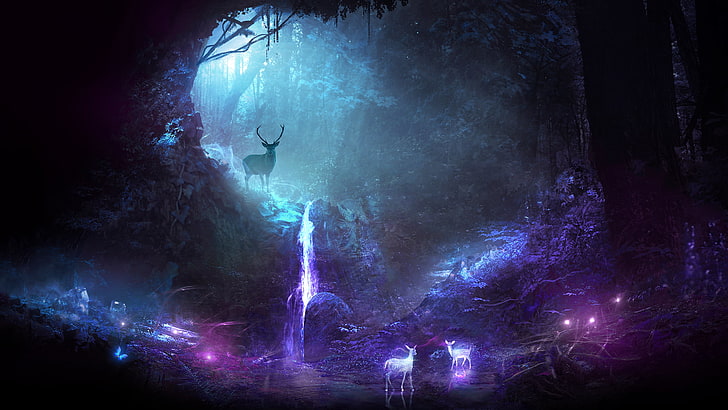 sylwetka jelenia ilustracja, jeleń, zwierzęta, noc, wodospad, Tapety HD