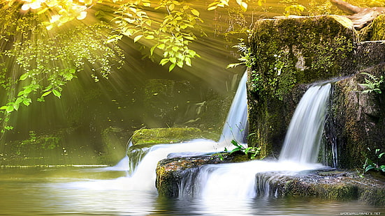 Sonnenlicht Wasserfall tropischen Wald Dschungel Rocks Stones Timelapse HD, grünes Moos;graue Felsen;grüner eiförmiger Laubbaum, Natur, Sonnenlicht, Wald, Felsen, Steine, Zeitraffer, Wasserfall, tropisch, Dschungel, HD-Hintergrundbild HD wallpaper