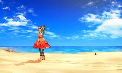Ononoki Yotsugi, Monogatari Series, Hachikuji Mayoi, anime girls, beach, วอลล์เปเปอร์ HD HD wallpaper