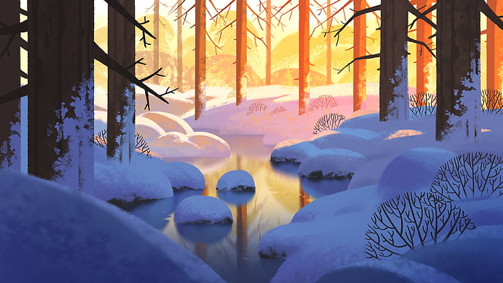 Туре Экроос, пейзаж, зима, озеро, вода, вечер, деревья, снег, рисунок, HD обои