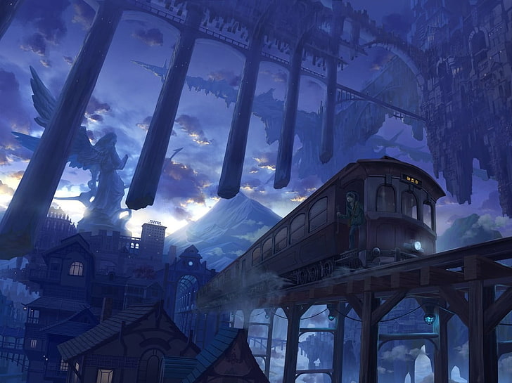 train on railroad bridge illustration, train, anime, vehicle, HD wallpaper
