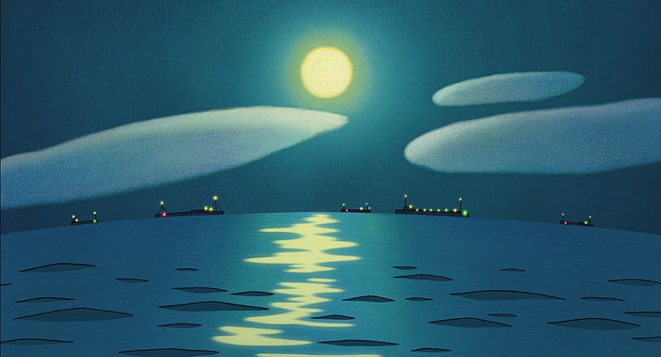 pintura de luna llena y nubes blancas, anime, Fondo de pantalla HD