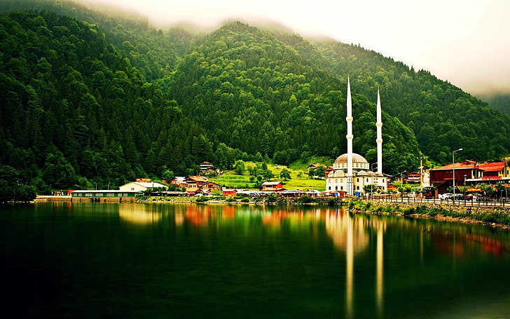 skog, kullar, sjö, landskap, dimma, moské, natur, Trabzon, kalkon, Uzungöl, HD tapet