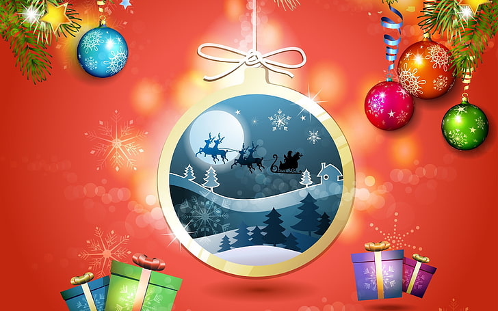 New Year, snow, Christmas ornaments, presents, Christmas sleigh, HD wallpaper