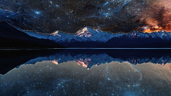 corpo d'acqua sfondo, nebulosa, lago, spazio, stelle, acqua, riflesso, sera, manipolazione fotografica, Sfondo HD HD wallpaper