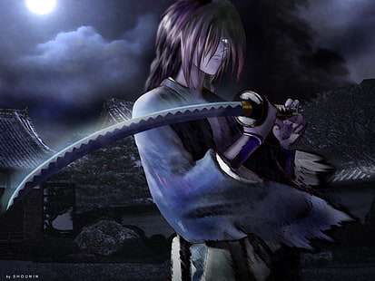 digital konst av kvinna, anime, Rurouni Kenshin, svärd, Himura Kenshin, katana, natt, Samurai X, HD tapet HD wallpaper