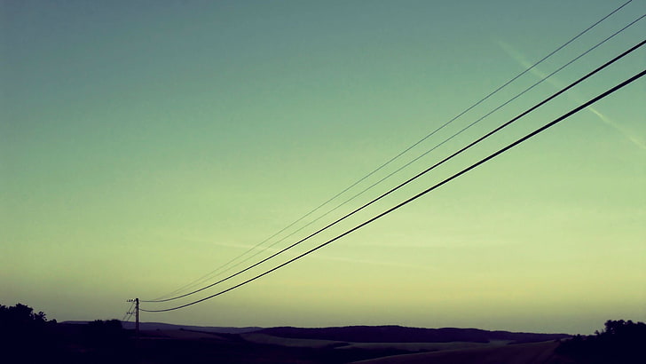 silueta de cable, líneas eléctricas, anochecer, paisaje, cielo, colinas, Fondo de pantalla HD