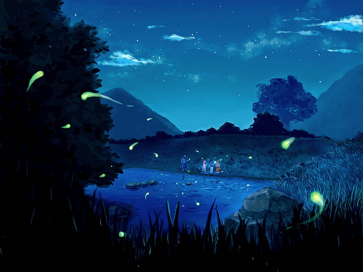 stars, clouds, trees, mountains, night, nature, lake, anime, team, Naruto, friends, Sakura Haruno, Uchiha Sasuke, Naruto Uzumaki, Hatake Kakashi, HD wallpaper