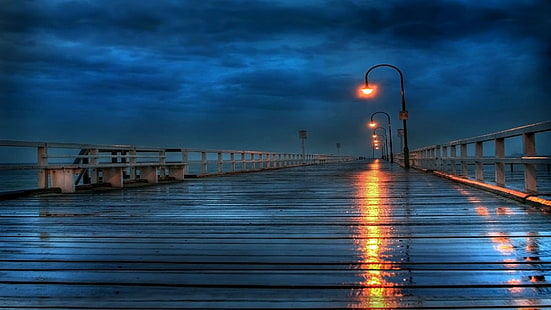pier, reflection, sky, horizon, sea, dusk, rain, calm, evening, rainy day, street light, lighting, ocean, HD wallpaper HD wallpaper