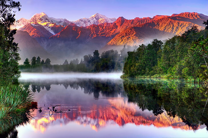 lago e árvores verdes, floresta, o céu, reflexão, montanhas, lago, Nova Zelândia, ilha sul, Parque Nacional Westland, Lago Matheson, Alpes do sul, geleira Fox, cozinheiro de montagem, HD papel de parede