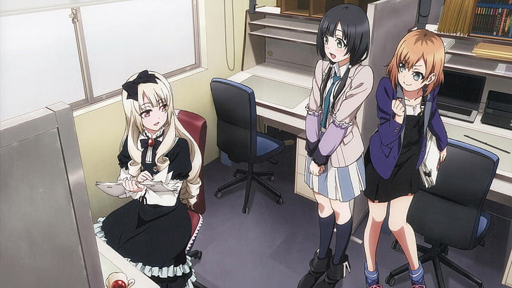 Shirobako, chicas anime, grupo de mujeres, minifalda, cabello largo, anime, Yasuhara Ema, Ogasawara Rinko, Miyamori Aoi, Fondo de pantalla HD