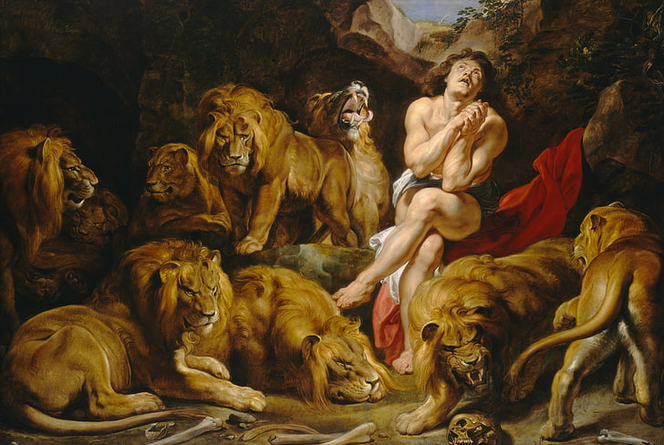 man surrounded by lion and lioness painting, animals, picture, Peter Paul Rubens, mythology, Pieter Paul Rubens, Daniel in the Lions ' Den, HD wallpaper